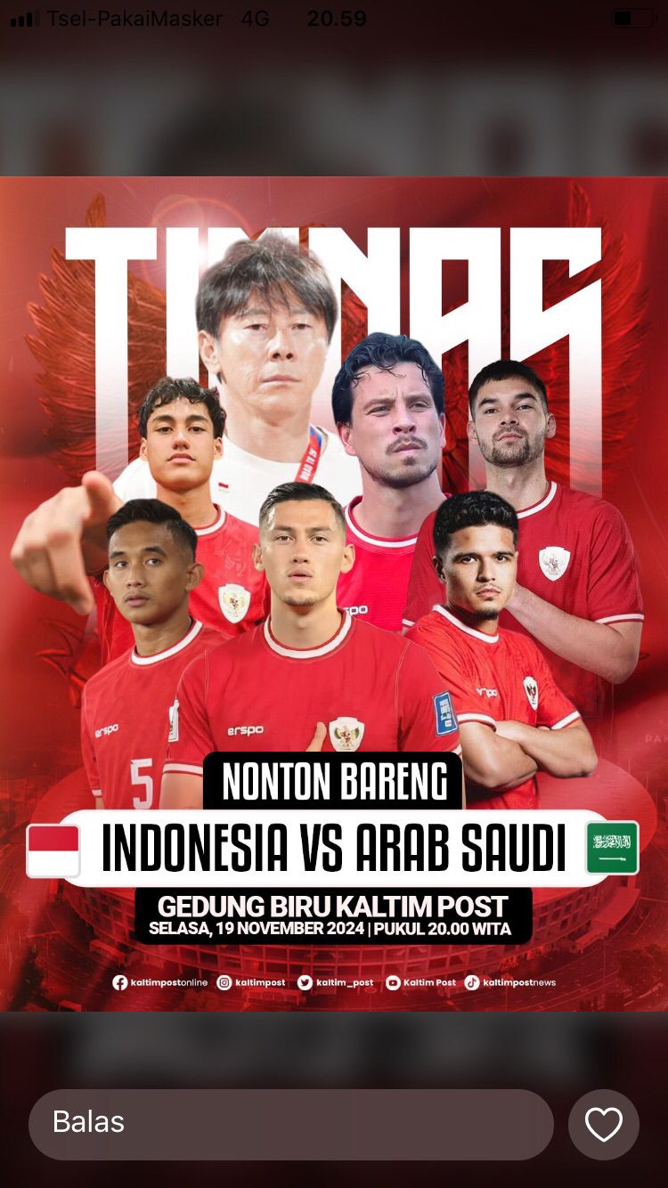 AYO, GAS: Nobar Timnas Indonesia versus Arab Saudi di Gedung Biru Kaltim Post, Balikpapan.