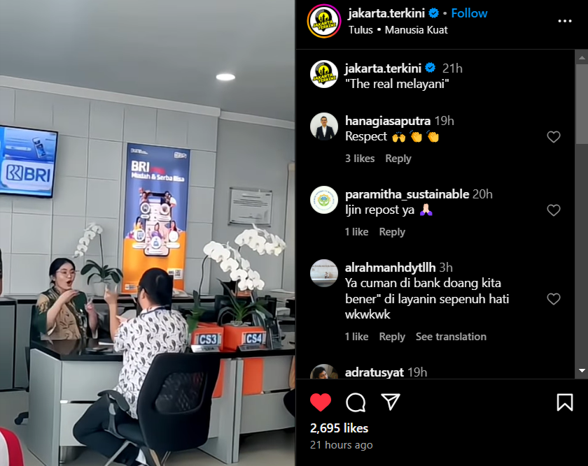 Unggahan Instagram yang menunjukkan pelayanan ramah sang karyawan Bank BRI terhadap penyandang disabilitas.