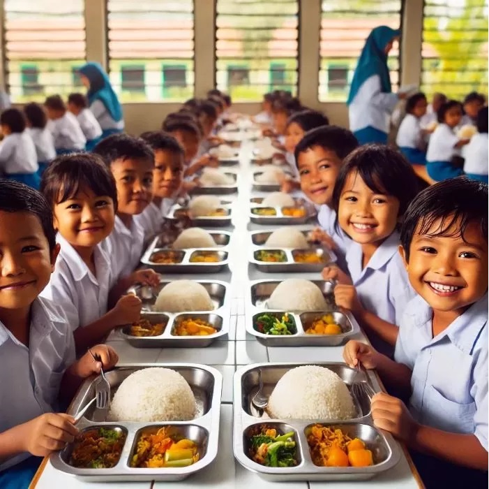 TERTUNDA. Ilustrasi AI pelajar sekolah dasar yang mengikuti program makan bergizi gratis.