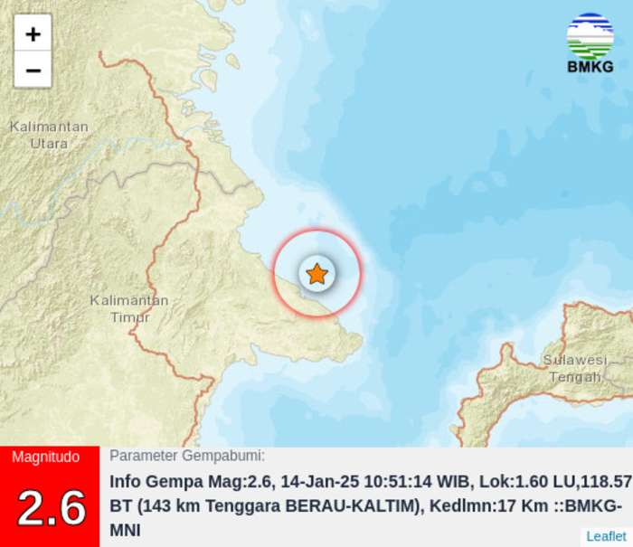 GUNCANGAN: Gempa sudah dua kali melanda Berau. Teranyar pada Selasa (14/1/2025) dengan kekuatan 2,6 magnitudo di kedalaman 17 kilometer.