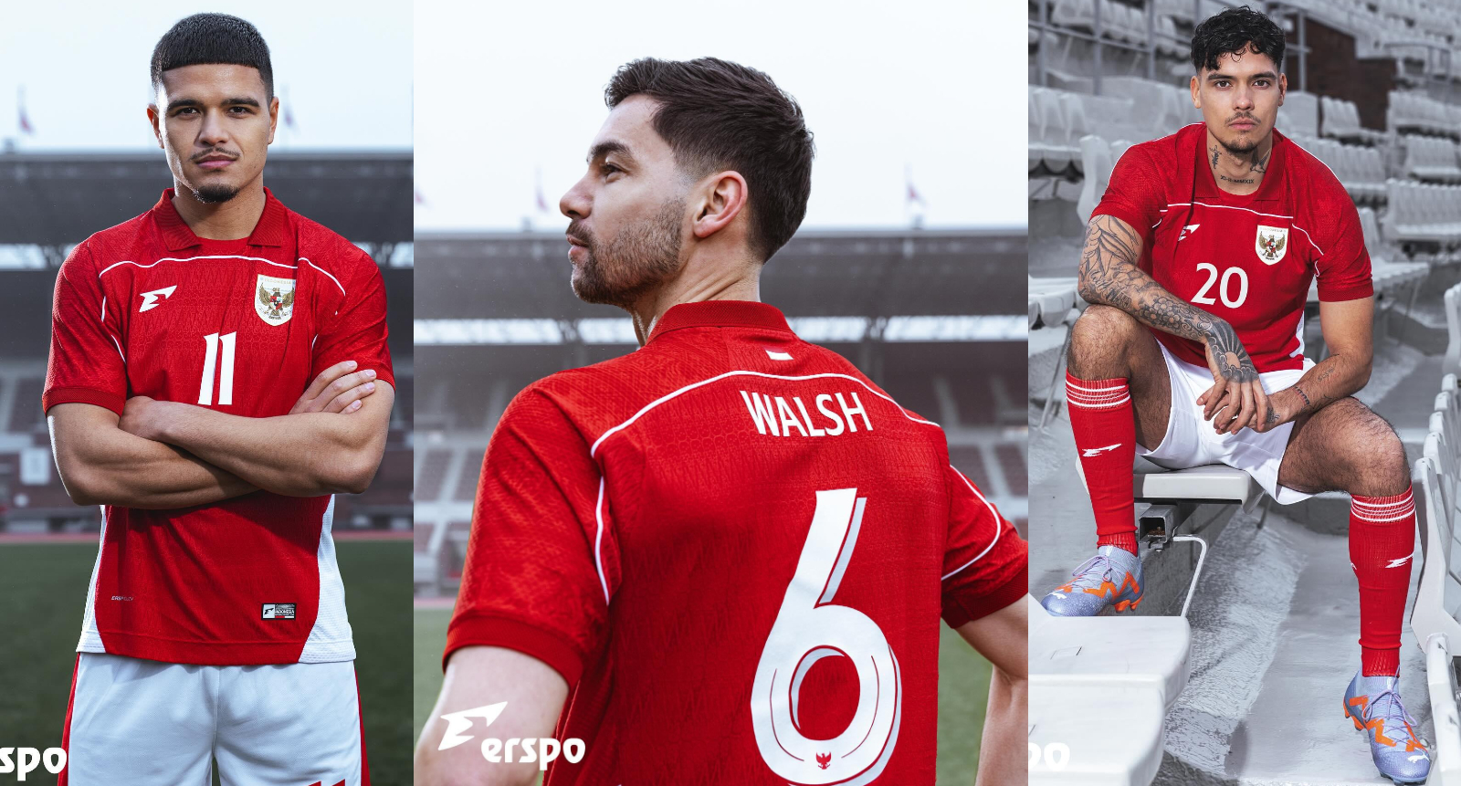 GARANG: Dari kanan, Ragnar Oratmangoen, Sandy Walsh, dan Shayne Pattynama mengenakan jersey baru timnas Indonesia yang rilis Kamis, 23 Januari 2025.