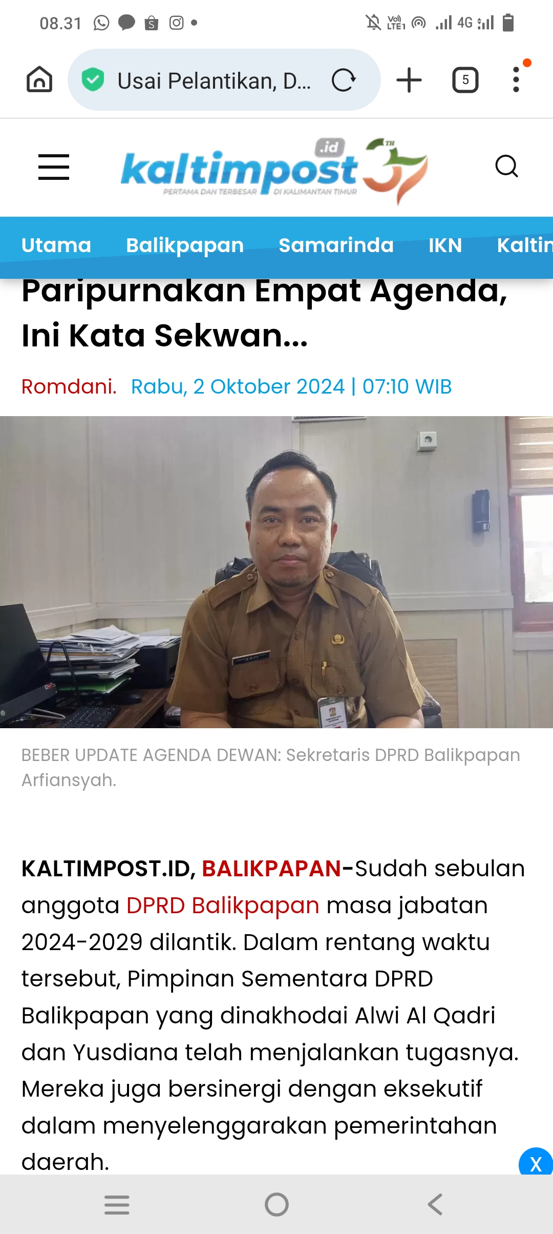 Sekretaris DPRD Kota Balikpapan, Arfiansyah.