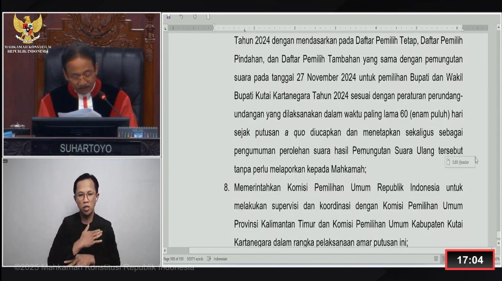 Cuplikan layar sidang PHPU Gubernur, Walikota dan Bupati yang dipimpin Ketua MK RI Suhartoyo (Istimewa)