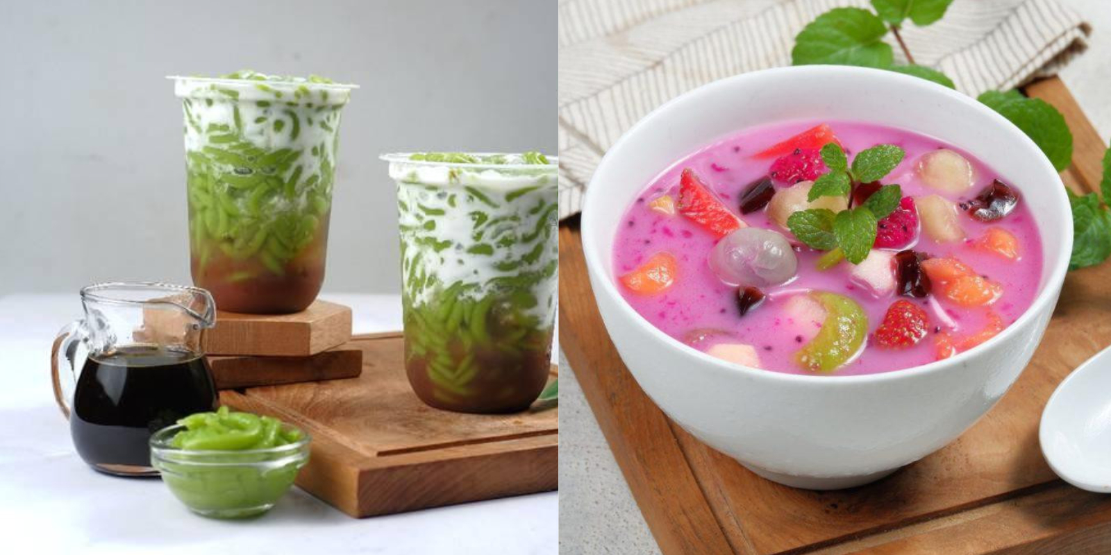 SEGAR: Cendol dawet (kiri) dan sop buah menjadi ide takjil bulan puasa yang selalu diminati.