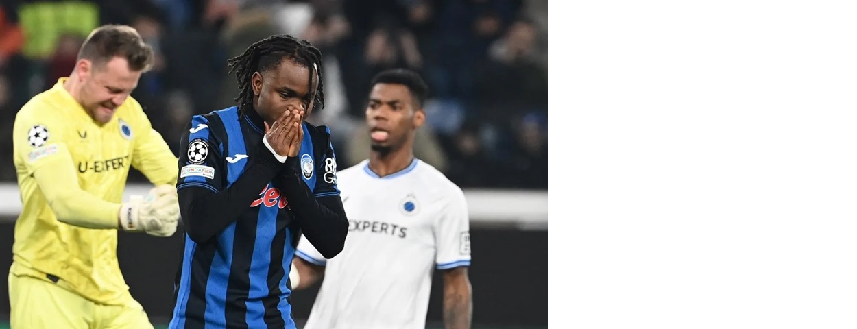 Penyerang Atalanta asal Nigeria #11 Ademola Lookman (tengah) bereaksi setelah gagal melakukan tendangan penalti.