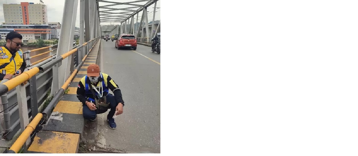 INSPEKSI. Tim Balai Besar Pelaksanaan Jalan Nasional (BBPJN) Kaltim, dan Komisi Keamanan Jembatan dan Terowongan Jalan (KKJTJ) lakukan pengecekan awal usai Jembatan Mahakam 1 ditabrak ponton