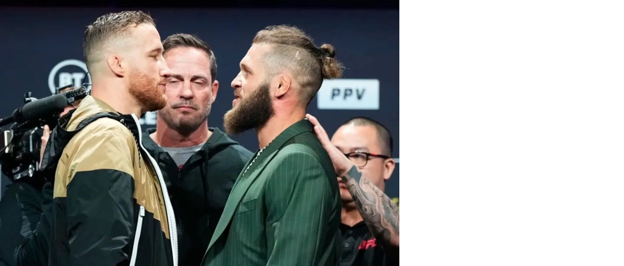 Petarung kelas ringan UFC Justin Gaethje (kiri) dan Rafael Fiziev (kanan) dalam sesi face up dalam pertemuan pertama mereka di UFC 286 London.