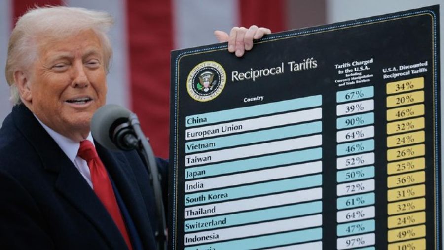 Trump saat mengumumkan tarif impor baru.AFP/CHIP SOMODEVILLA