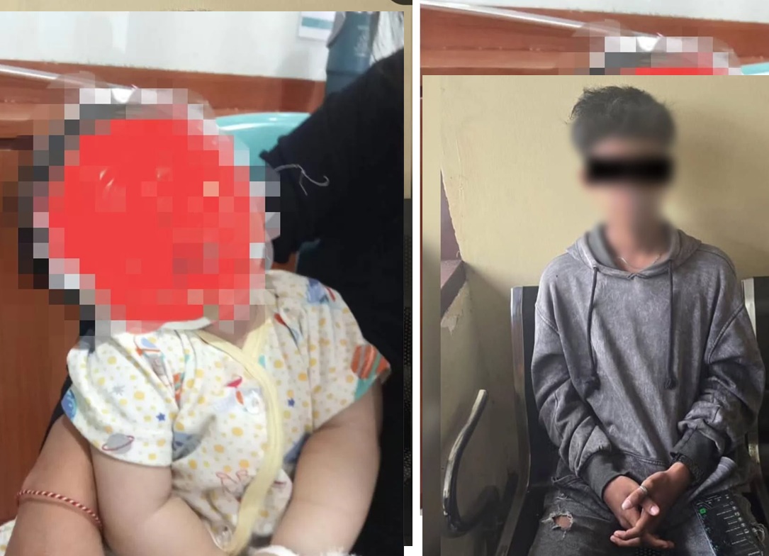 Bayi yang sudah lemas dan remaja yang menjaganya (kanan).