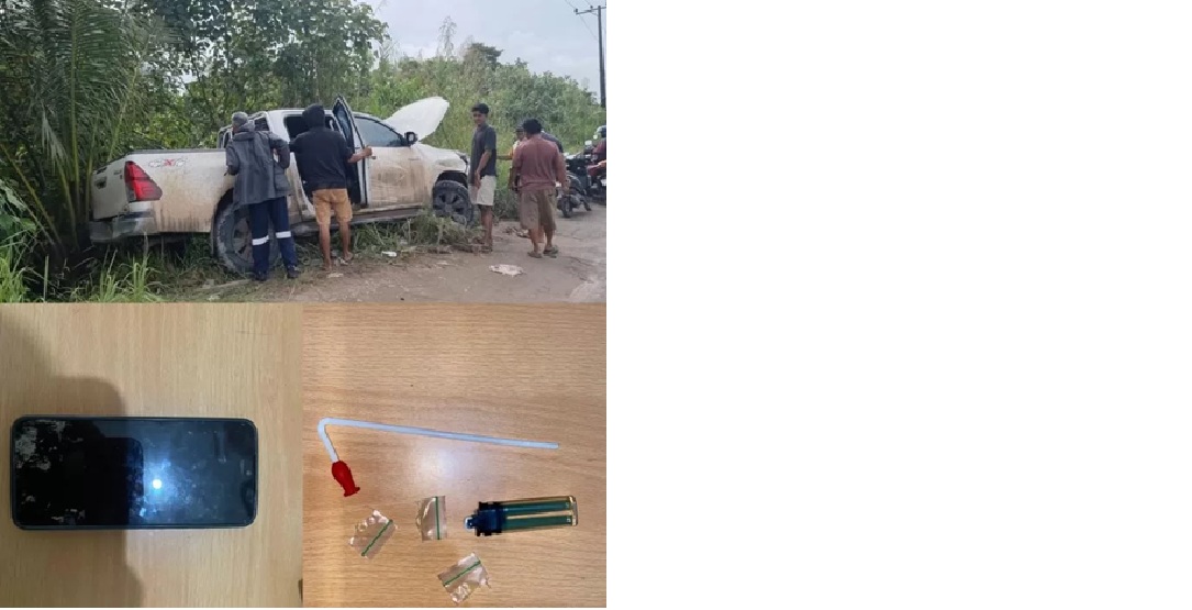 Mobil Toyota Hilux nomor polisi KT 8*** ZA saat masih terparkir usai menabrak puluhan motor dan tuga rumah. Polisi menemukan alat hisap dan bungkus sabu, korek gas dan ponsel