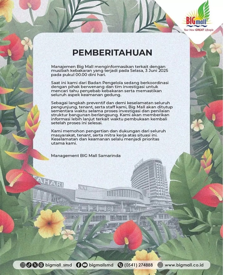 Manajemen BIGMall merilis pernyataan resmi setelah insiden kebakaran yang menghanguskan sejumlah tenant.
