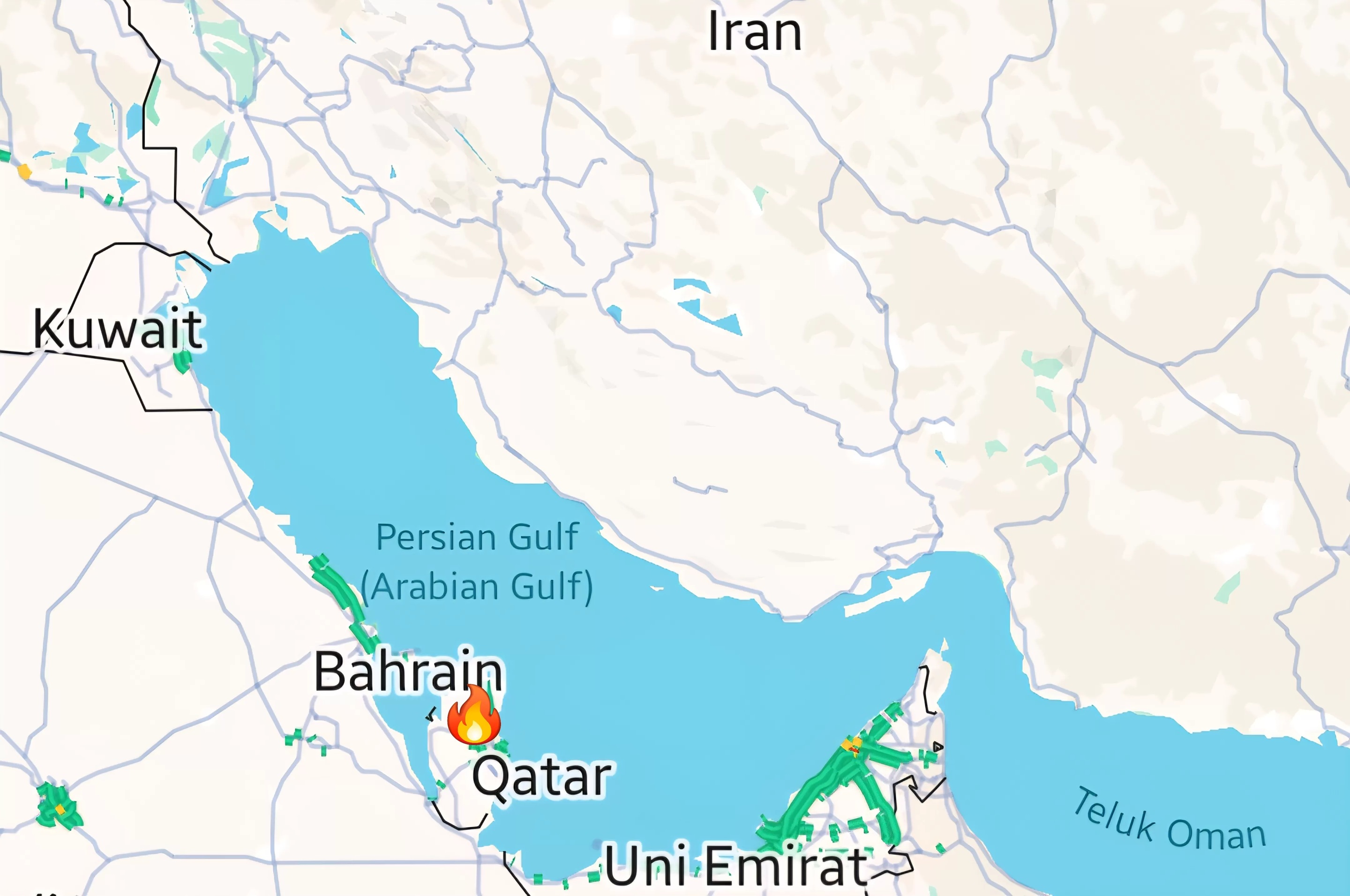 Ilustrasi: Kawasan teluk bergejolak usai serangan Iran ke pangkalan militer AS di Qatar dan Irak. (Google Maps)