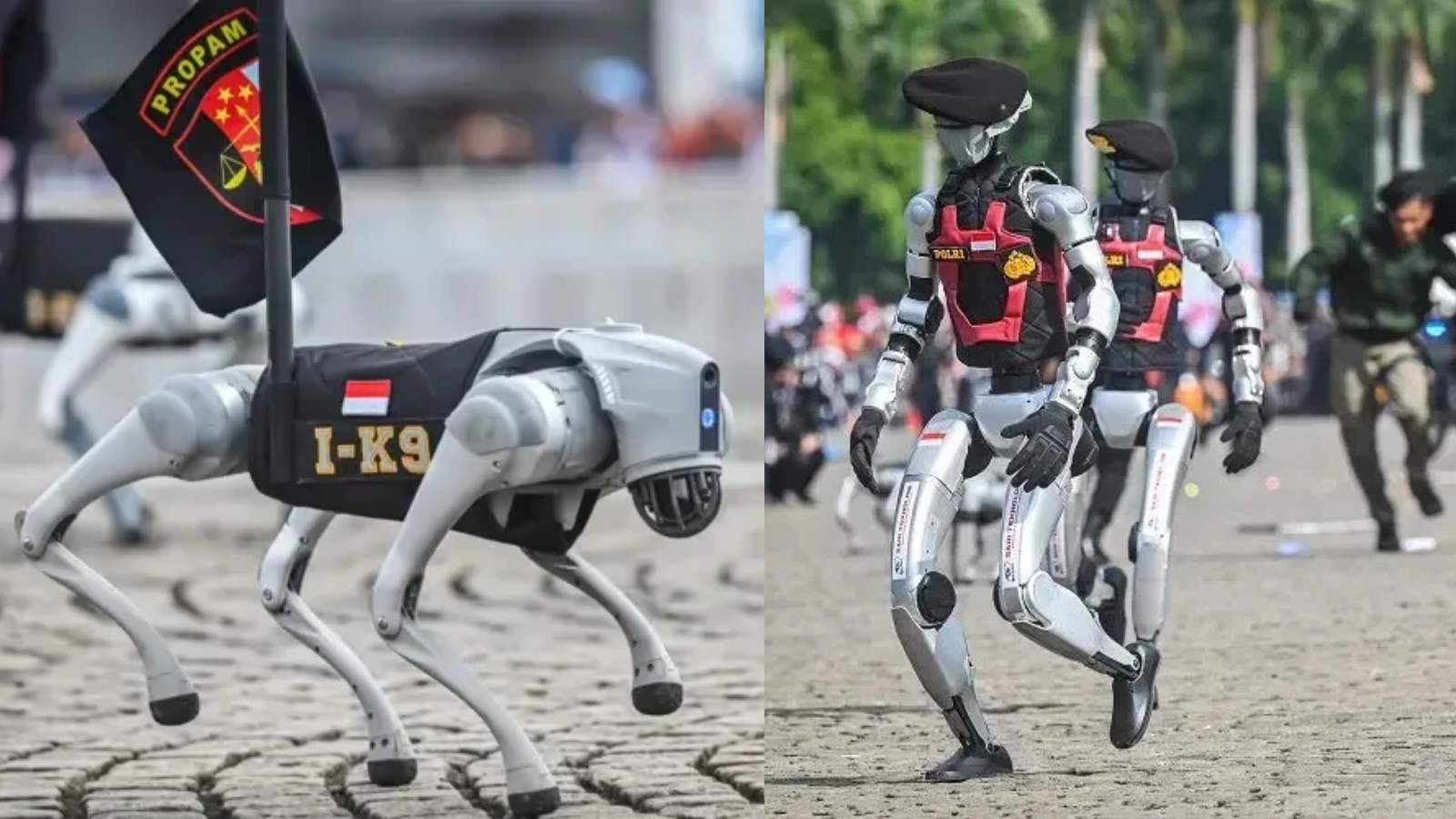 TEKNOLOGI: Robot polisi yang diperkenalkan Polri pada rangkaian acara upacara Hari Bhayangkara Ke 79,  Selasa (1/7/2025).