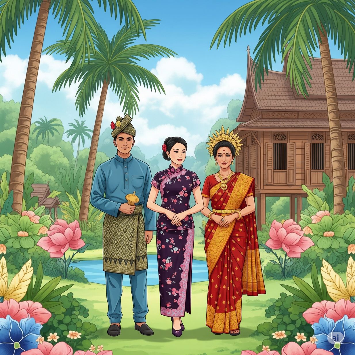 Ilustrasi 3 etnis utama di Malaysia, Melayu, China dan India. (AI)