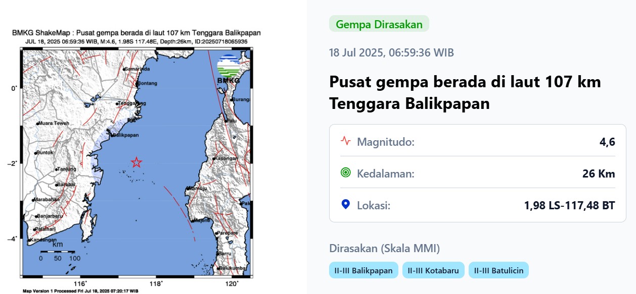 Gempa yang terjadi di perairan Balikpapan, 18 Juli 2025.