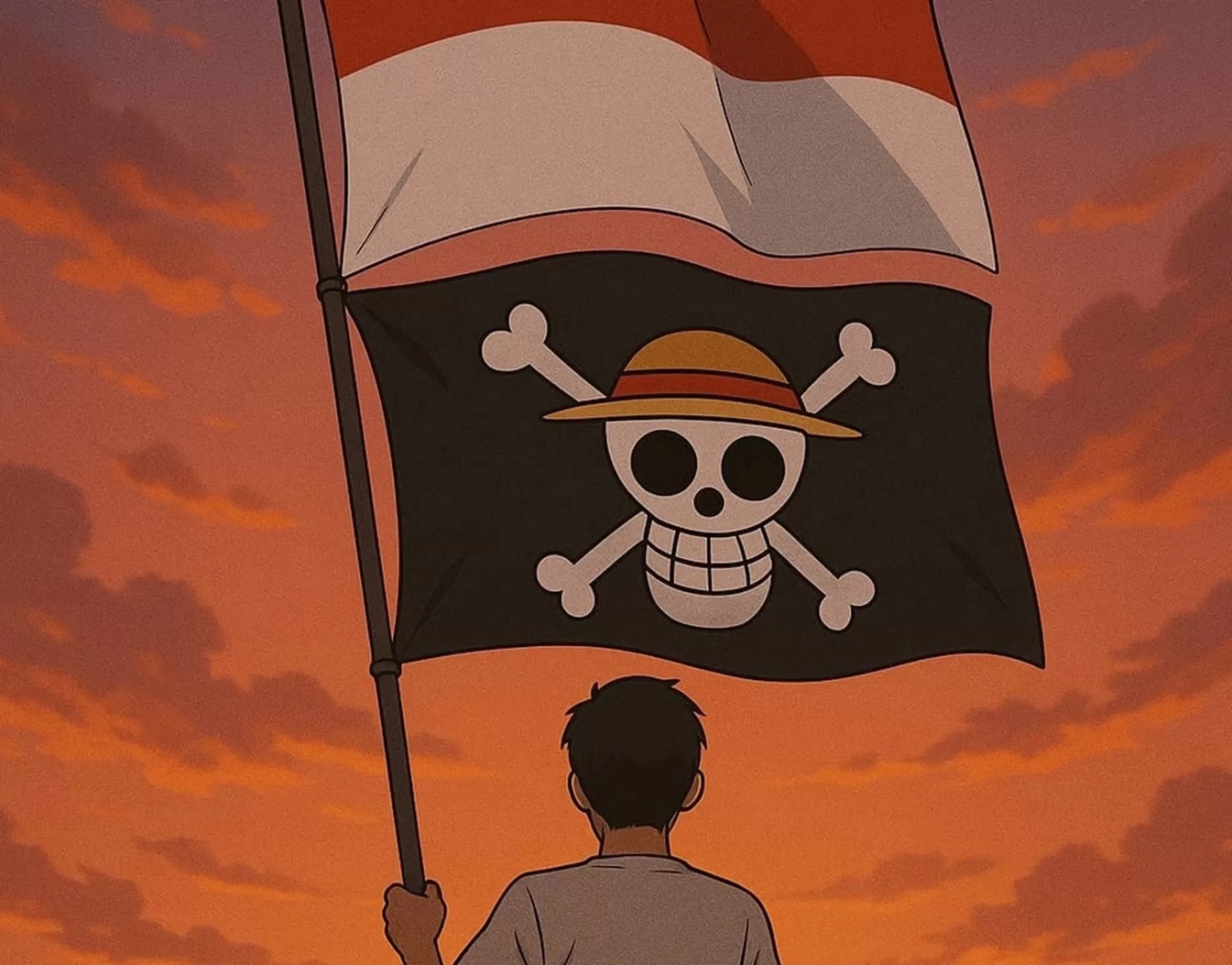 Bendera Merah Putih dikibarkan bersama bendera bajak laut topi jerami. (TikTok @deniunyill22)