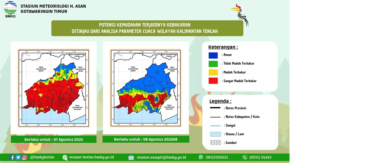 Peta potensi kemudahan terjadinya kebakaran di Kalimantan Tengah berwarna merah menandakan status daratan sangat mudah terbakar (BMKG Stamet H Asan Sampit).