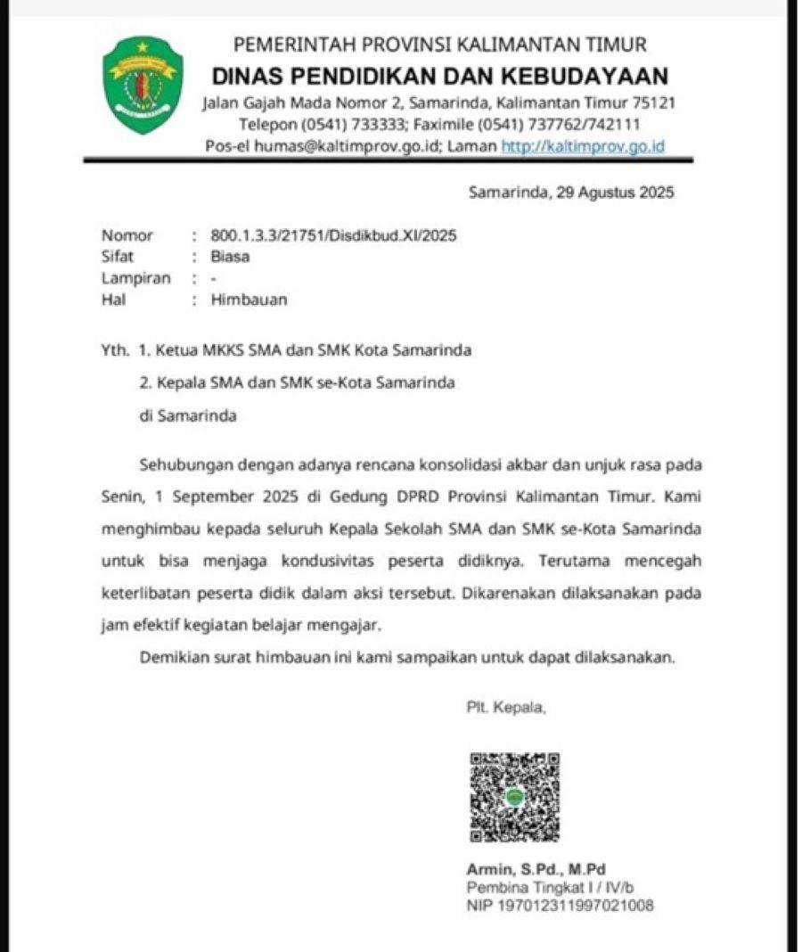 Surat edaran dari Disdikbud Kaltim.