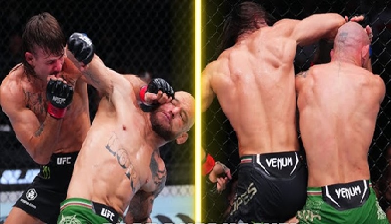 Sikutan Silva gagal (kiri) dan sikutan Lopez berhasil masuk ke kepala Silva.