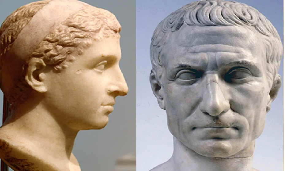 Profile patung Cleopatra (kiri); dan Caesar (kanan). Jos&eacute; Luiz Bernardes Ribeiro (kiri), Public domain, via Wikimedia Commons (kanan).