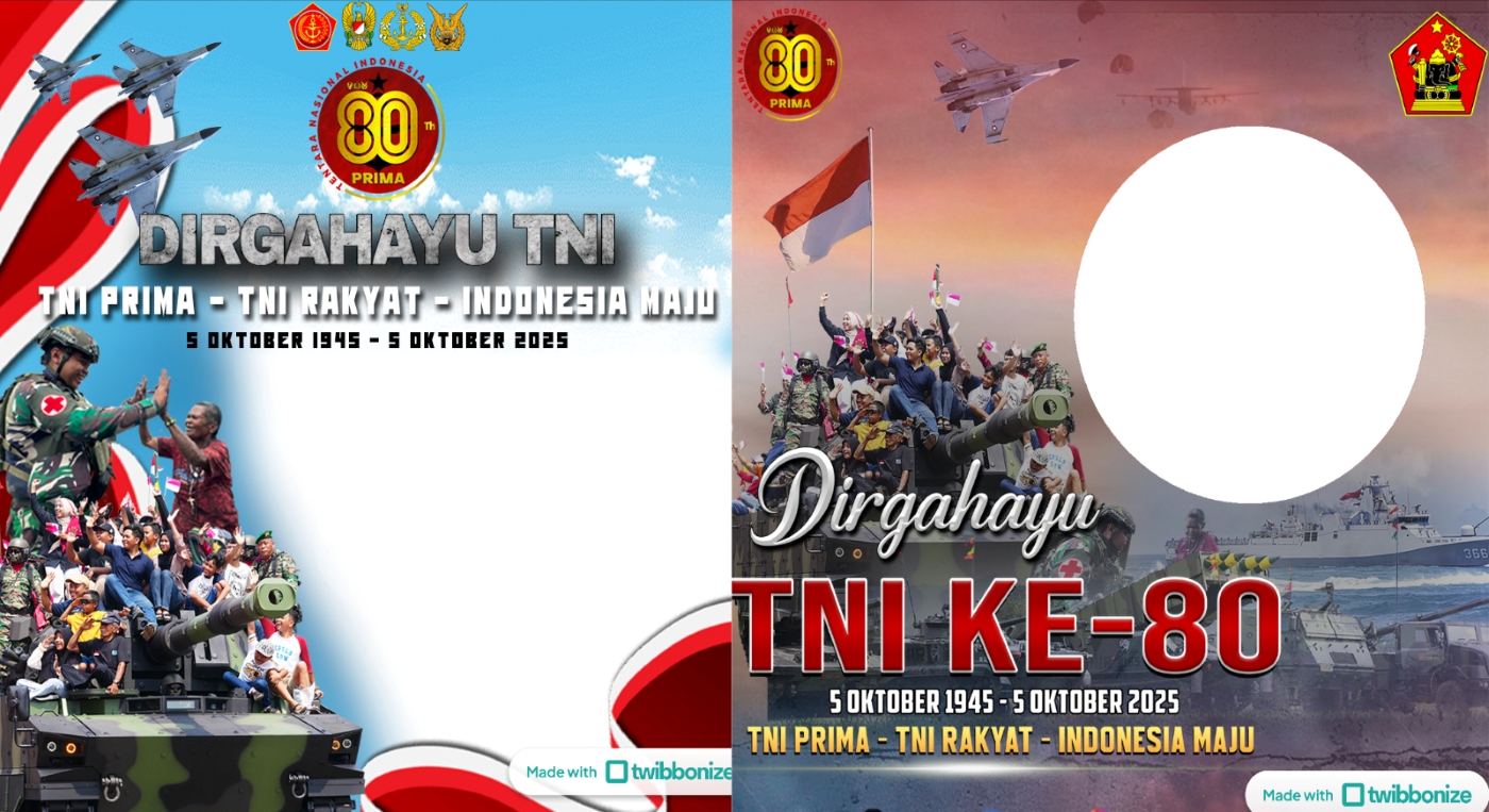 Twibbon HUT TNI Ke 80 Tahun untuk unggahan hari ini, 5 Oktober 2025.