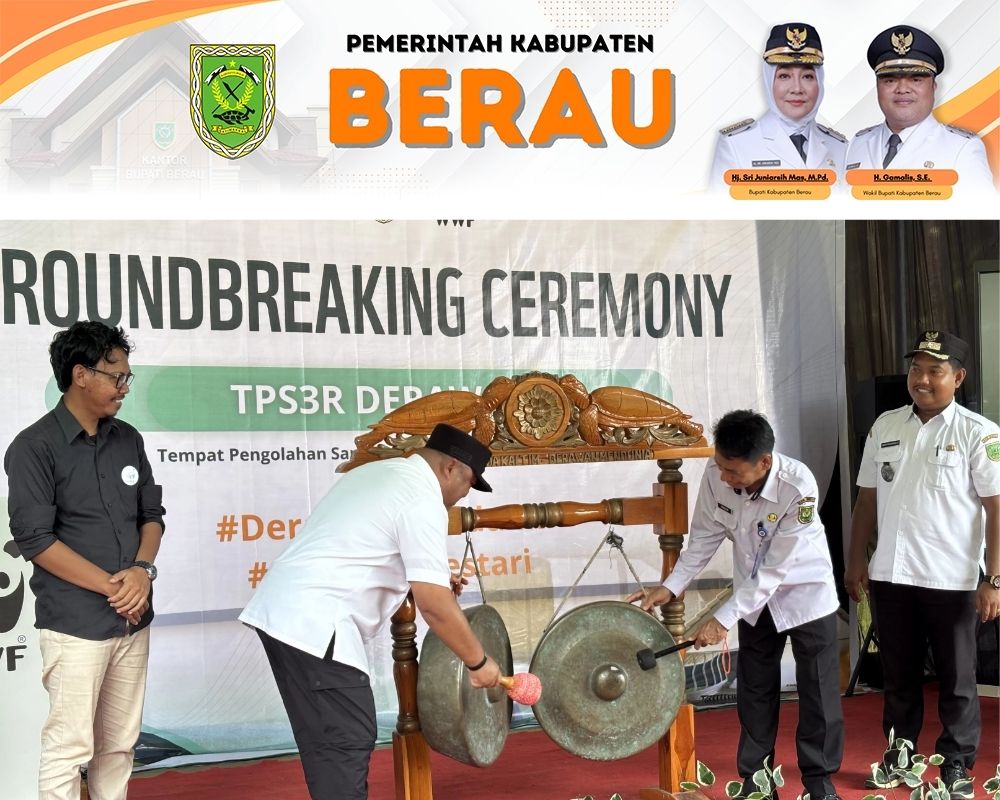 KELOLA SAMPAH: Wakil Bupati Berau Gamalis saat melakukan pemukulan gong sebagai tanda dimulainya groundbreaking TPS3R di Kampung Pulau Derawan, Rabu, 10 September 2025.