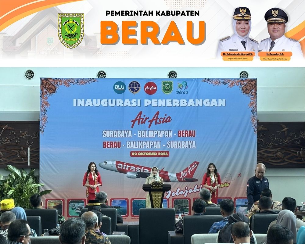 SAMBUT BAIK: Bupati Berau Sri Juniarsih Mas memberikan sambutan saat kedatangan perdana maskapai AirAsia di Kabupaten Berau.