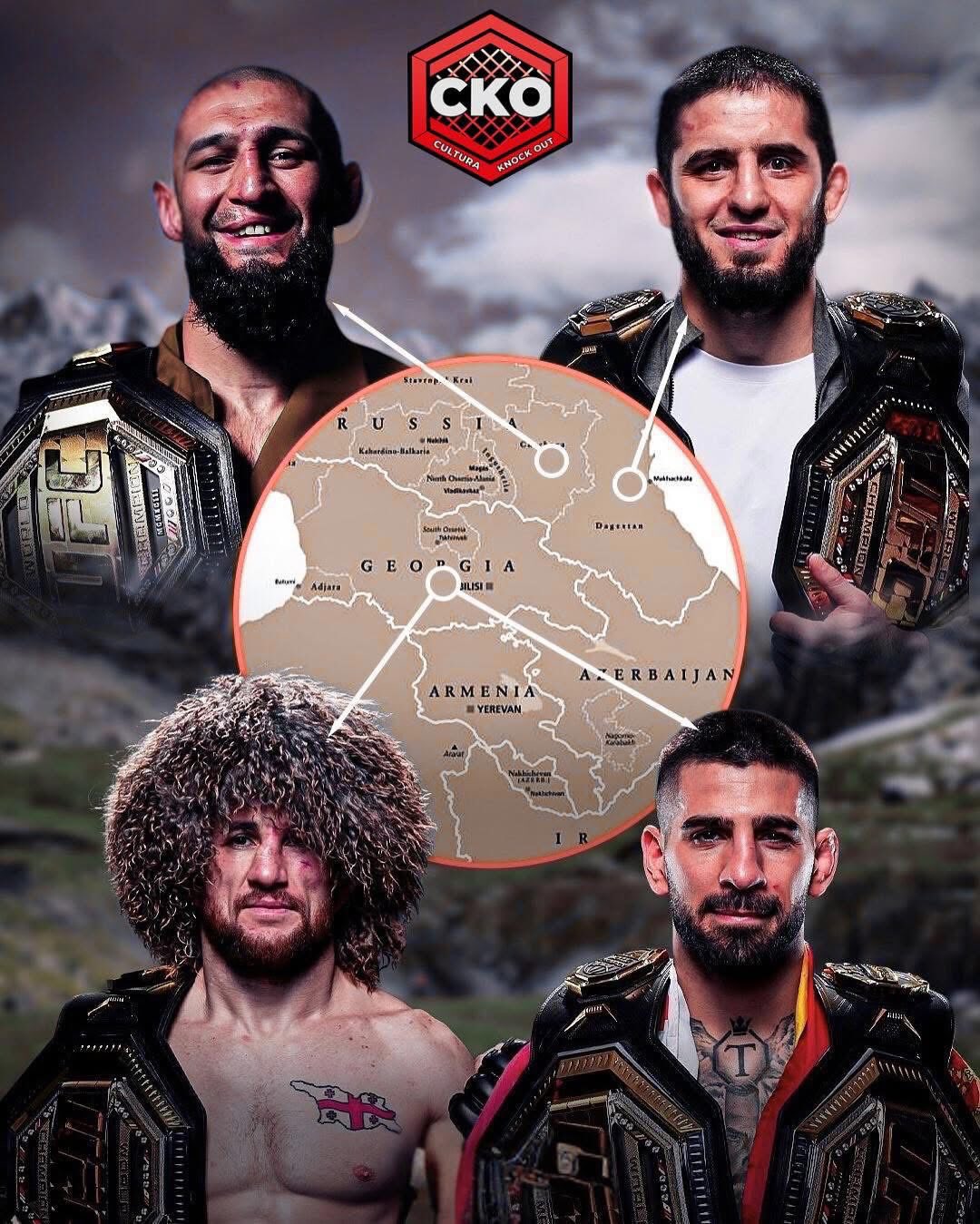 Empat juara UFC dari Kaukasus, dari kiri atas, Khamzat Chimaev, Islam Makhachev, Merab Dvalishvili dan Ilia Topuria.