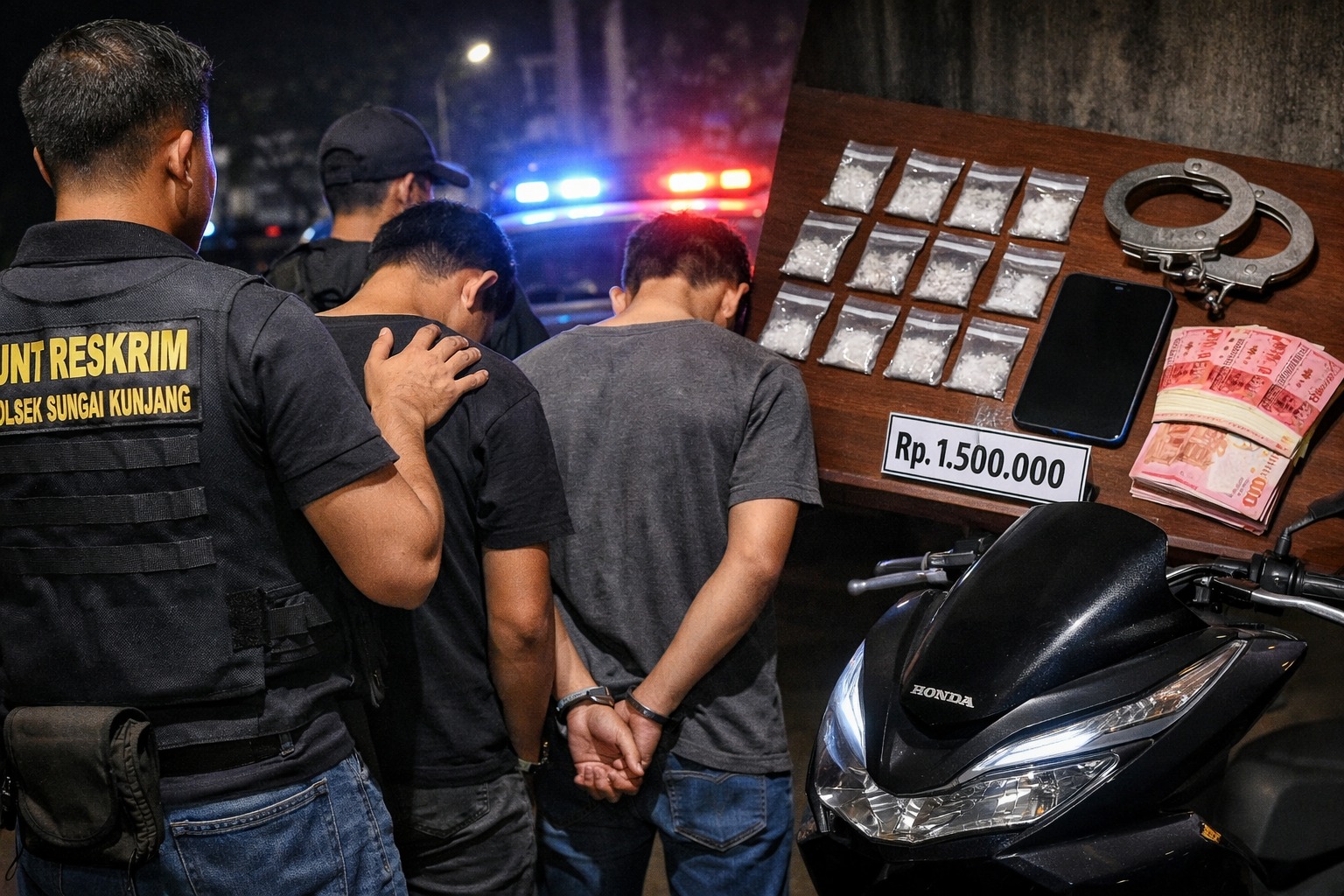 [18.59, 28/12/2025] Yamin Ok: Foto Ilustrasi AI: Penggerebekan pengedar narkotika.