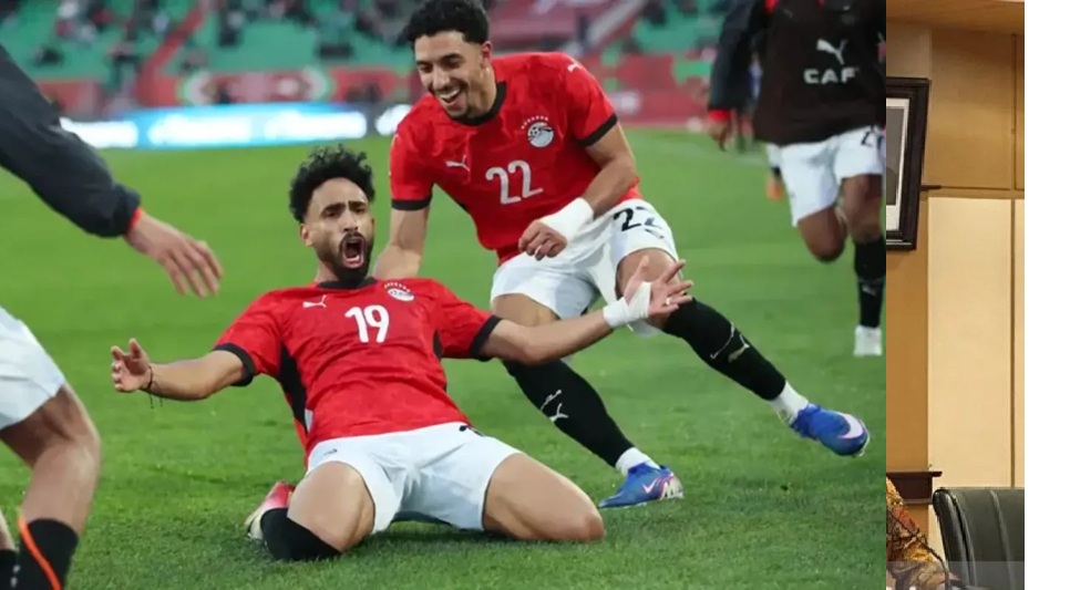 Selebrasi Marwan Ateya setelah mencetak gol pembuka Mesir dalam pertandingan lawan Benin di babak 16 besar Piala Afrika 2025 di Stadion Adrad pada Senin (5/1/2026). CAFonline.com