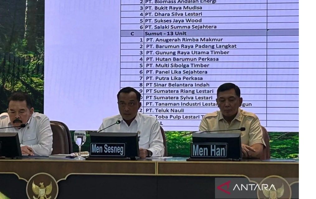 Menteri Sekretariat Negara (Mensesneg) Prasetyo Hadi dalam konferensi pers Pemerintah Mencabut Persetujuan Berusaha Pemanfaatan Hutan (PBPH) di Kantor Presiden, Jakarta, Selasa (20/1/2026).