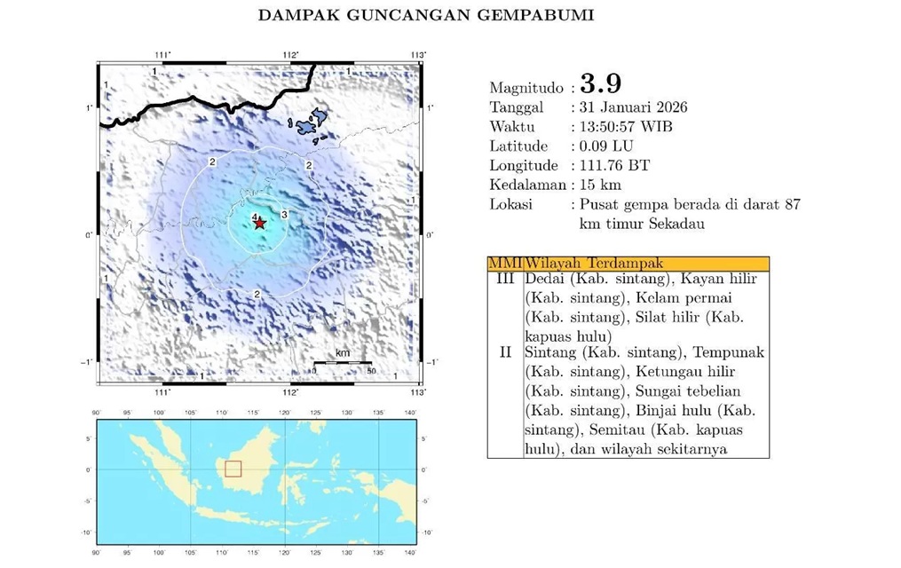 Episentrum gempa bumi teknonik Magnitudo 3.9 di Kabupaten Sintang pada Sabtu (31/1). (BMKG)