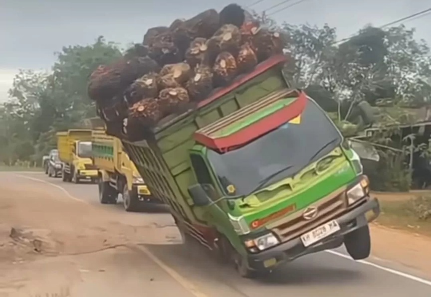 Momen truk bermuatan tandan buah segar kelapa sawit ambruk ketikan melewati jalan rusak di Jalur Sampit-Pangkalan Bun. (Warga/Radar Sampit).