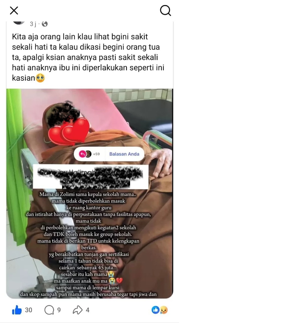 CURHAT : Tangkapan layar curhatan pengguna medsos yang menceritakan sang ibu seorang guru mendapatkan perlakuan tidak menyenangkan dari oknum kepsek.