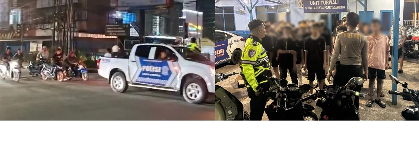 PEMBINAAN: Para pembalap liar yang terjaring razia diminta mendorong motor sambil menyanyikan lagu kebangsaan. (IST.)