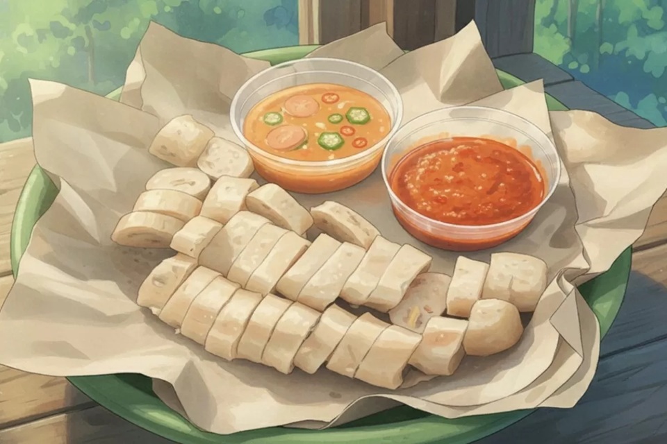 Ilustrasi kerupuk basah, makanan khas Kapuas Hulu. (GEMINI AI)