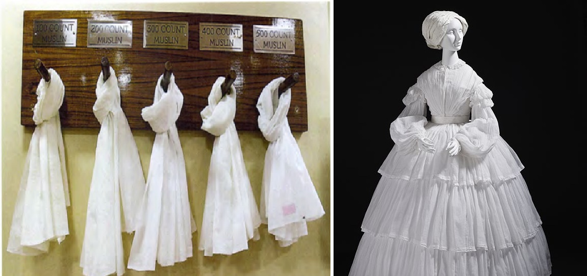 Kain muslin (kiri) dan gaun muslin putih wanita dengan aksen rimpel bertingkat, Eropa, sekitar tahun 1855.