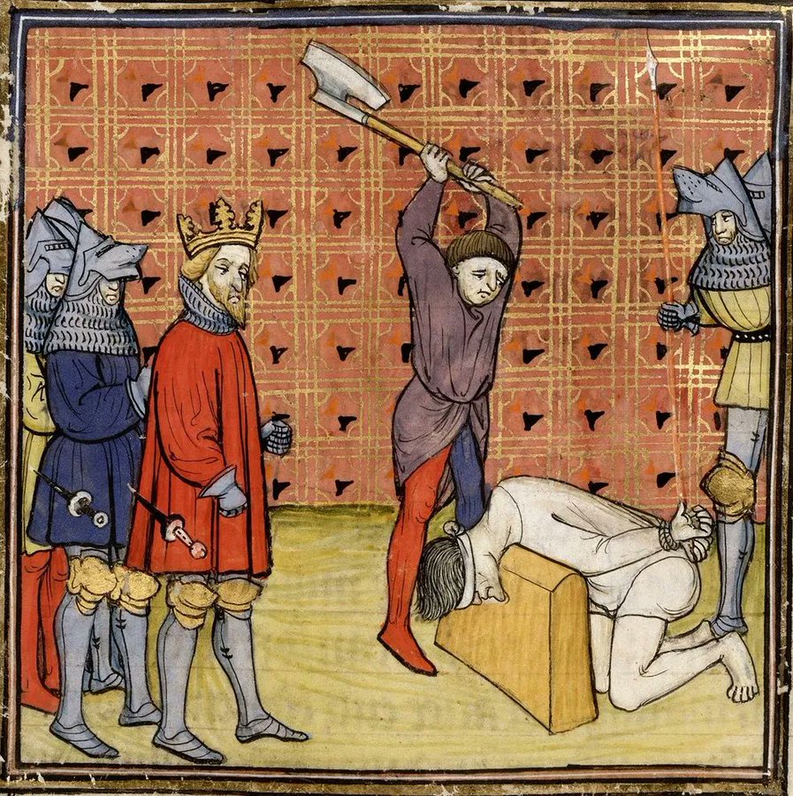 Lukisan algojo yang melaksakan tugasnya. (British Library MS Royal 20 C VII fol. 134v)