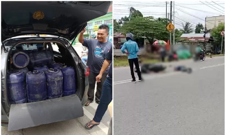 Mobil yang diduga digunakan untuk mengetap BBM membawa sejumlah jeriken setelah bersenggolan dengan sepeda motor di Jalan Wahid Hasyim II, Samarinda, Kamis (12/3/2026). (IST)