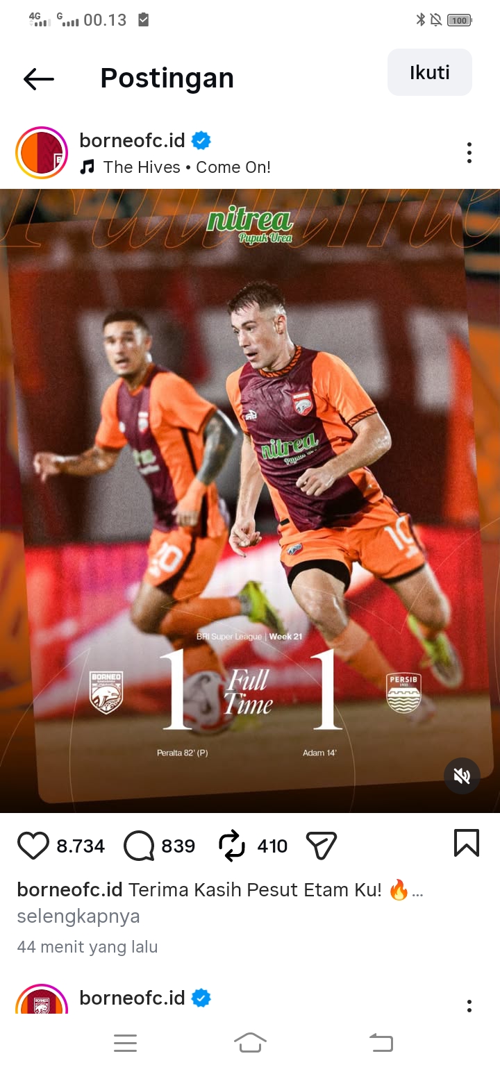 Mariano Peralta membuat skor imbang 1-1, Borneo FC vs Persib Bandung.