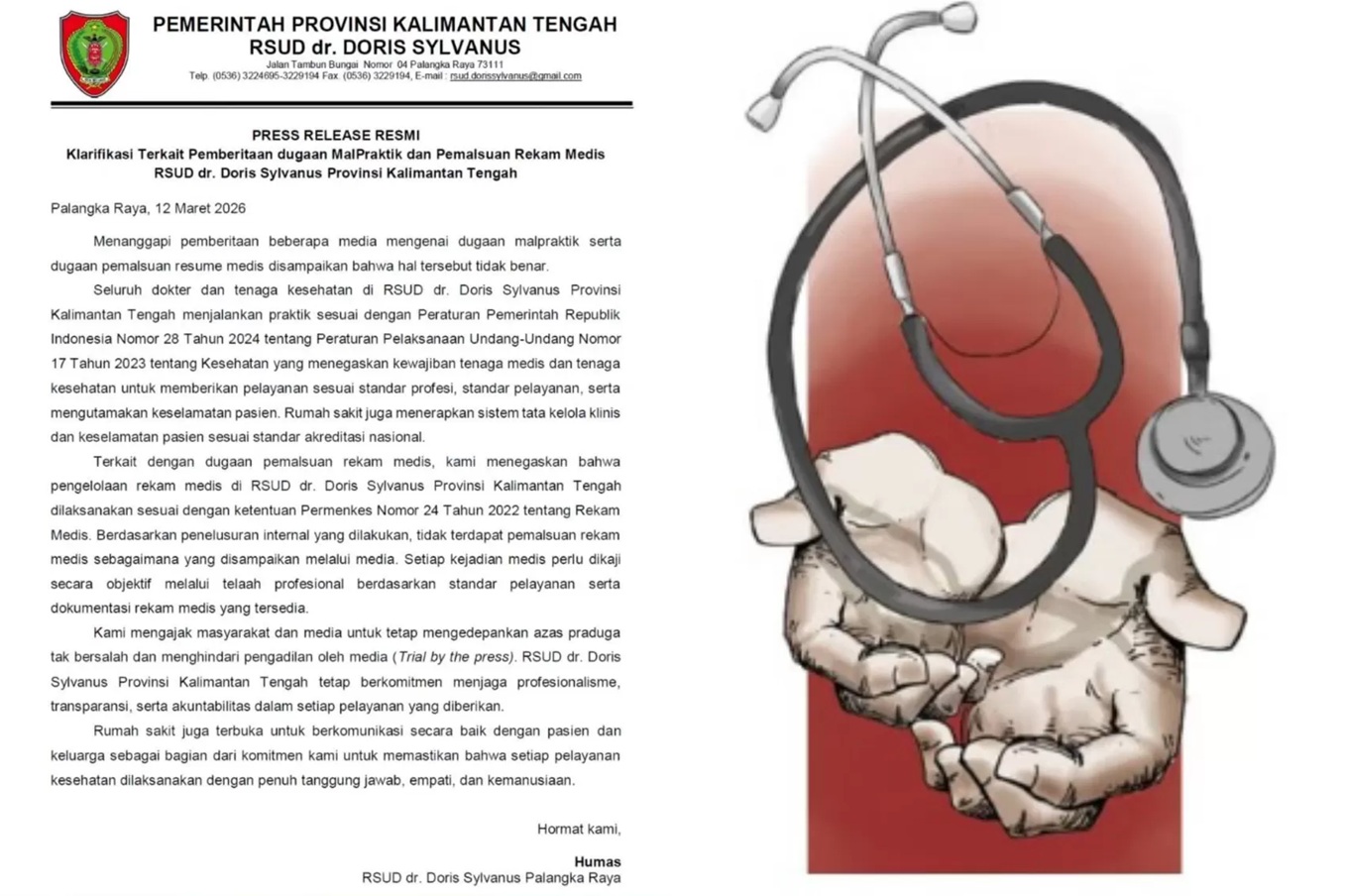 Press rilis resmi Humas RSUD dr. Doris Sylvanus terkait dugaan malpraktik. 