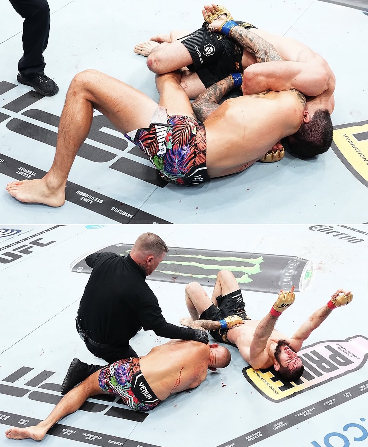 Dustin Poirier ketika dicekik dengan gaya D'Arce choke oleh Islam Makhachev.