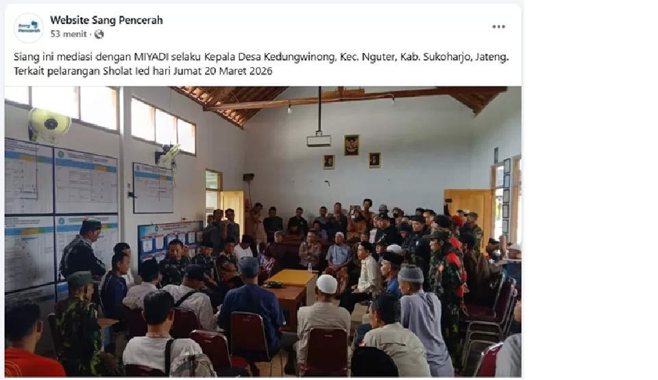 TABAYYUN: Tangkapan layar postingan Facebook Website Sang Pencerah terkait pembubaran salat id di Desa Kedungwinong, Kecamatan Nguter, Sukoharjo, Jateng. (Website Sang Pencerah/Radar Sampit) 