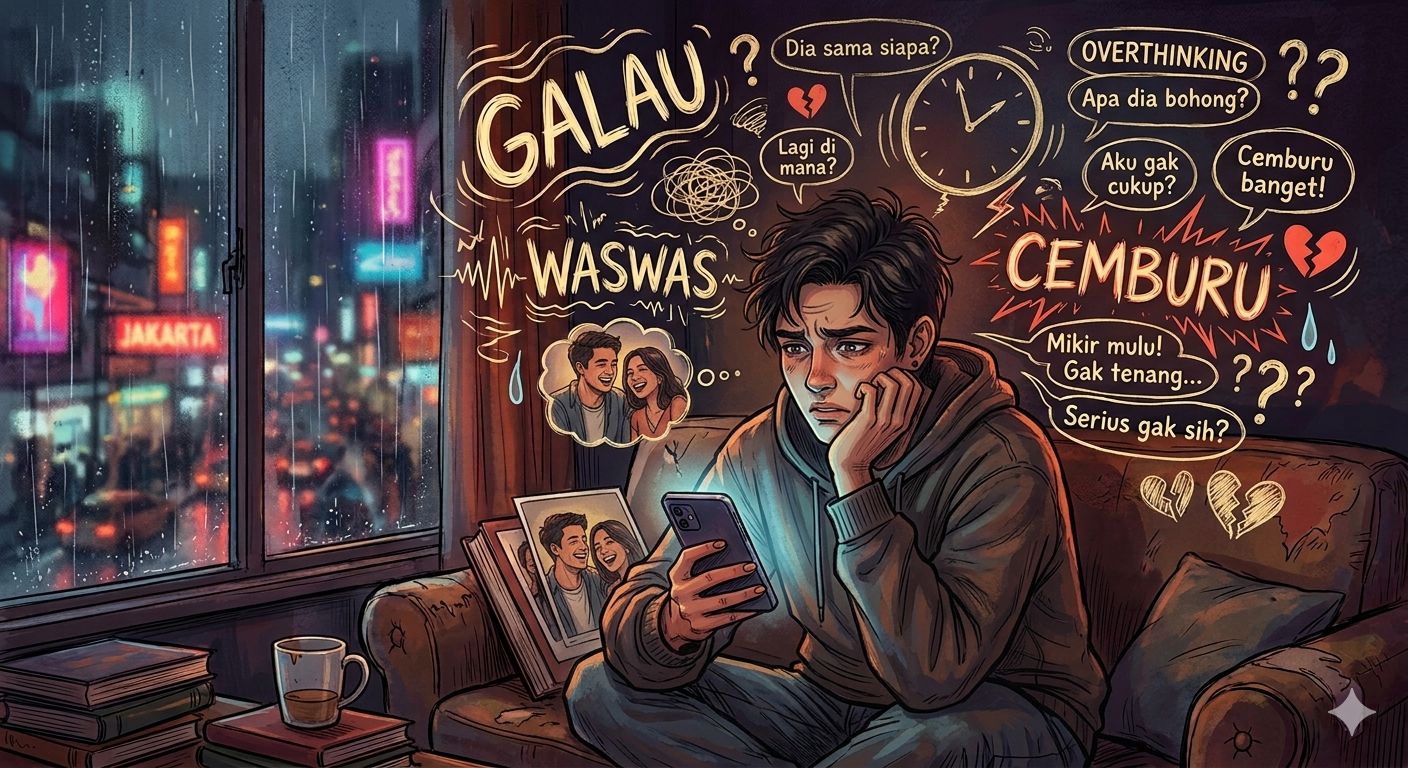 ilustrasi pria cemburu dan galau