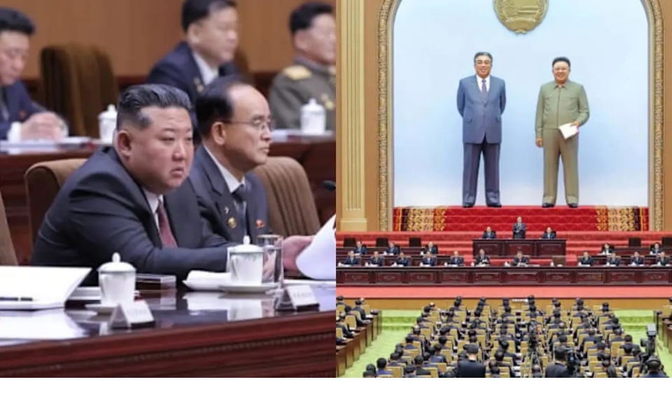 Pemimpin Korea Utara, Kim Jong Un, menghadiri Sidang Pertama Majelis Rakyat Tertinggi ke-15 di Gedung Mansudae Assembly Hall, Pyongyang, Korea Utara (Parade)  