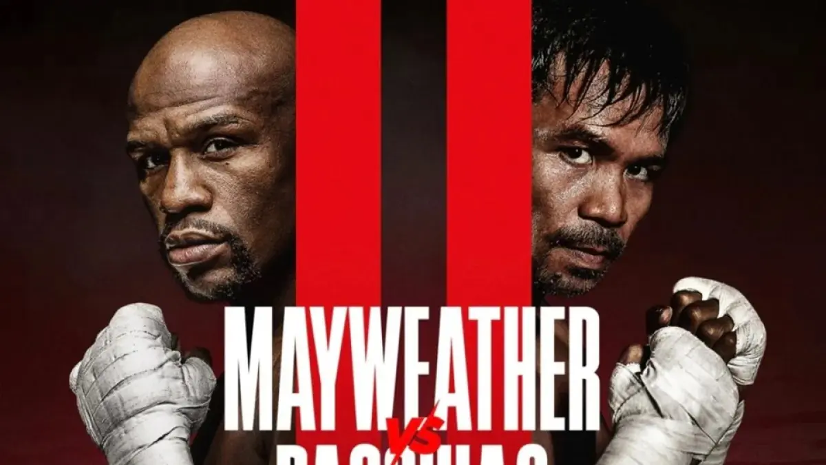 Poster laga tinju Floyd Mayweather (kiri) melawan Manny Pacquiao yang dipublikasikan Netflix.