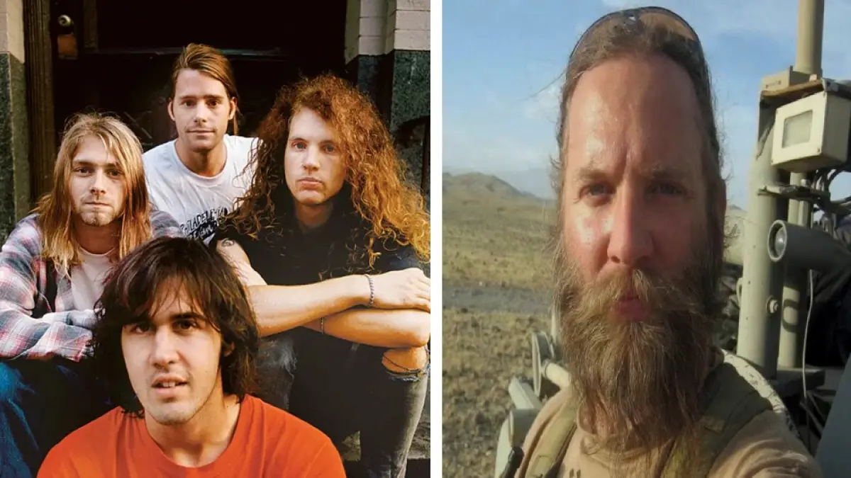 Jason Everman (kanan tengah) saat masih bersama Kurt Cobain dkk (Nirvana). Jason saat menjadi tentara AS.