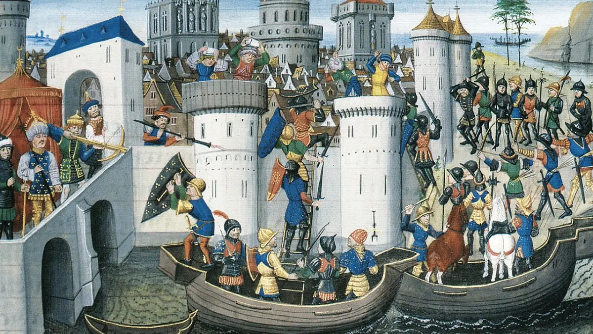 Penaklukan Konstantinopel dalam Perang Salib ke 4. (David Aubert (1449-79) - 15th century miniature)