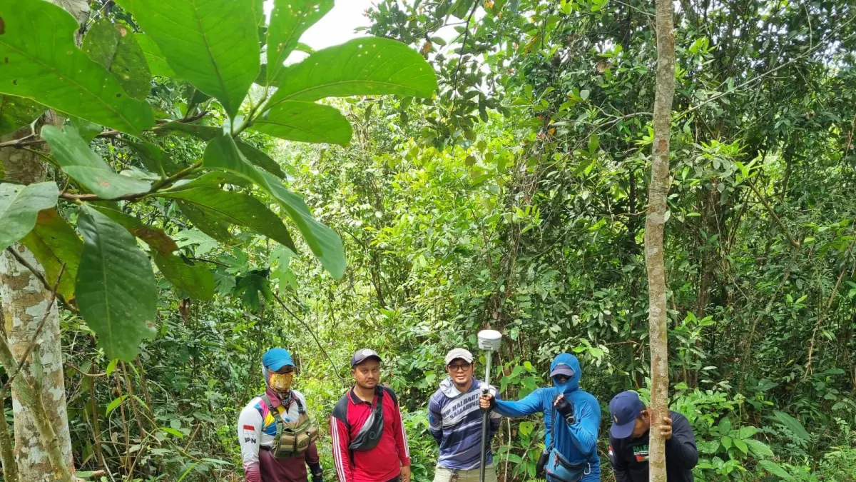 Petugas harus menyusuri kawasan perbukitan dan hutan lebat untuk membuka akses menuju titik lokasi tapak tower yang terisolasi.
