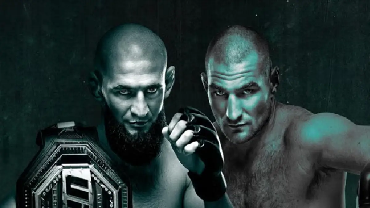 Khamzat Chimaev (kiri) dan Sean Strickland.